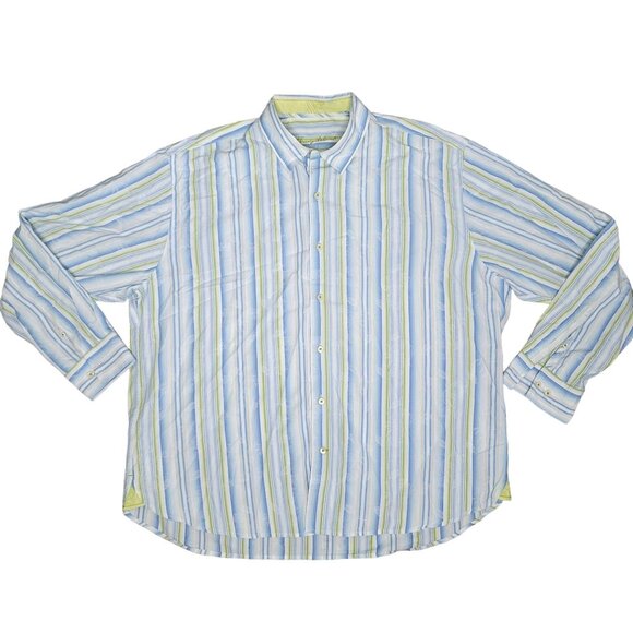Tommy Bahama Men's XXL Striped Button-Down Shirt 100% Cotton Light Blue & Green - Picture 1 of 7